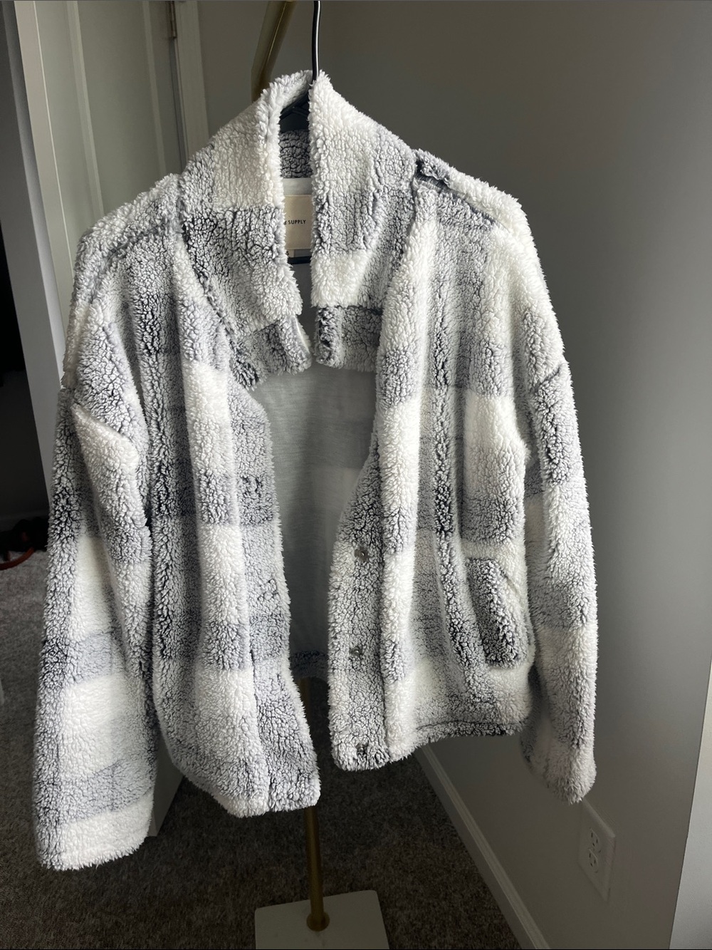 Thread & Supply White and Gray Checkered Teddy Jacket
